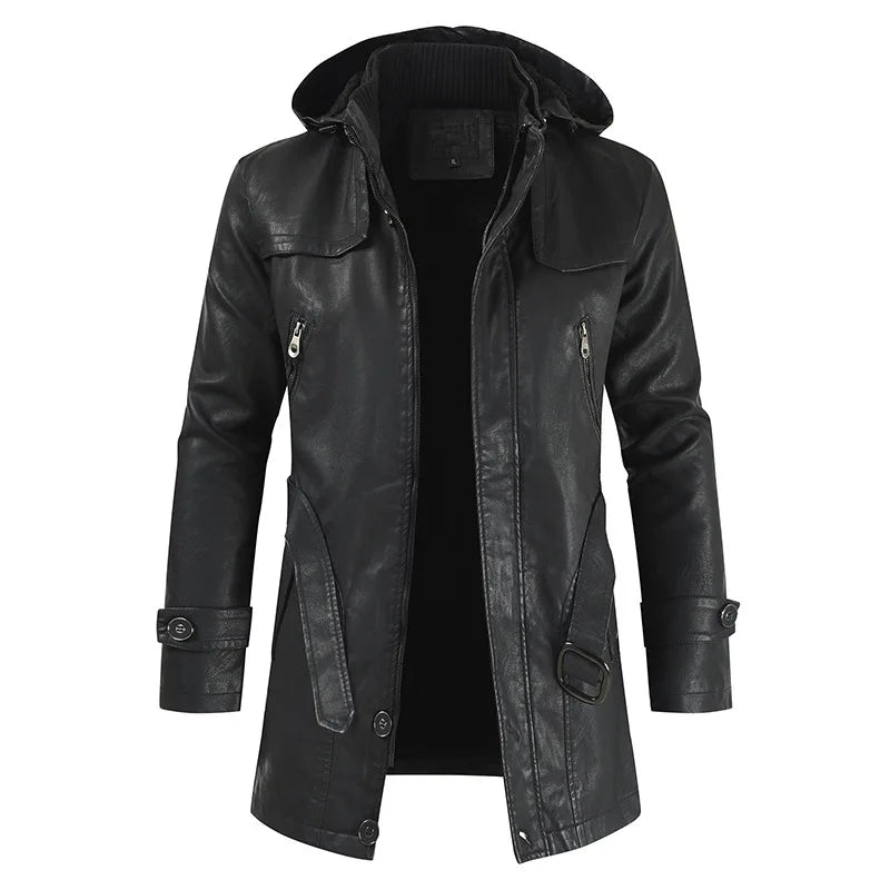 Jaqueta Longa de Couro com Capuz Masculina Romenzi RZ152 em couro premium, com costuras reforçadas e capuz removível para um visual elegante e funcional.