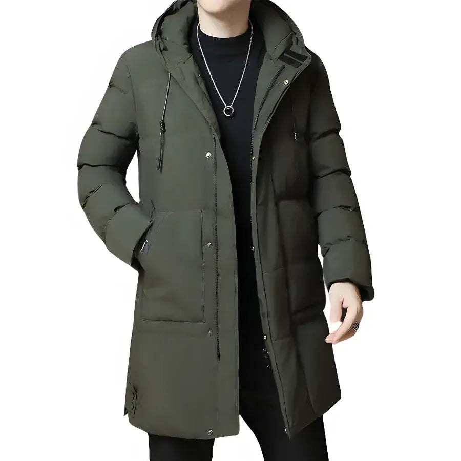 Jaqueta Longa Puffer Masculina Romenzi RZ145 com acolchoamento térmico, tecido impermeável e design refinado para proteção e estilo no inverno.