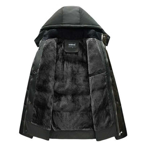 Jaqueta Masculina Inverno Warmcover Romenzi RZ025 com design sofisticado, tecido térmico, capuz removível e ajuste ergonômico para o inverno.