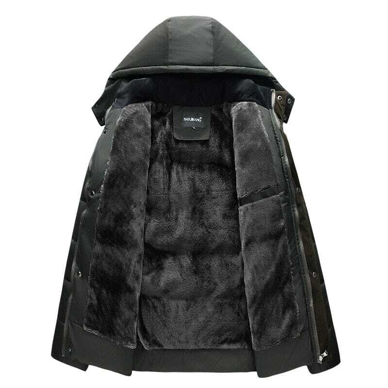 Jaqueta Masculina Inverno Warmcover Romenzi RZ025 com design sofisticado, tecido térmico, capuz removível e ajuste ergonômico para o inverno.