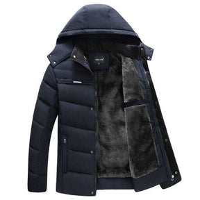 Jaqueta Masculina Inverno Warmcover Romenzi RZ025 com design sofisticado, tecido térmico, capuz removível e ajuste ergonômico para o inverno.