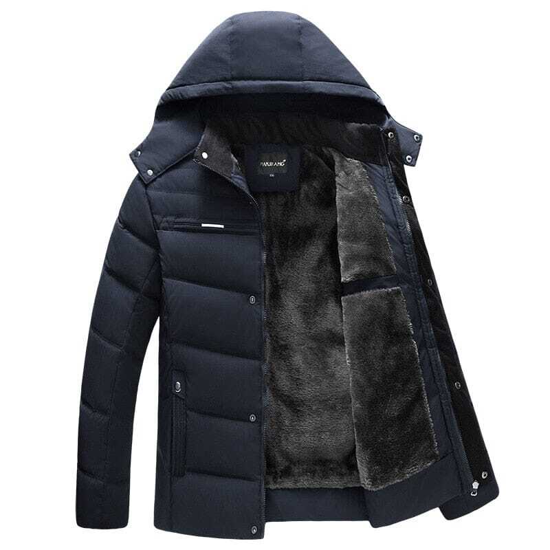 Jaqueta Masculina Inverno Warmcover Romenzi RZ025 com design sofisticado, tecido térmico, capuz removível e ajuste ergonômico para o inverno.