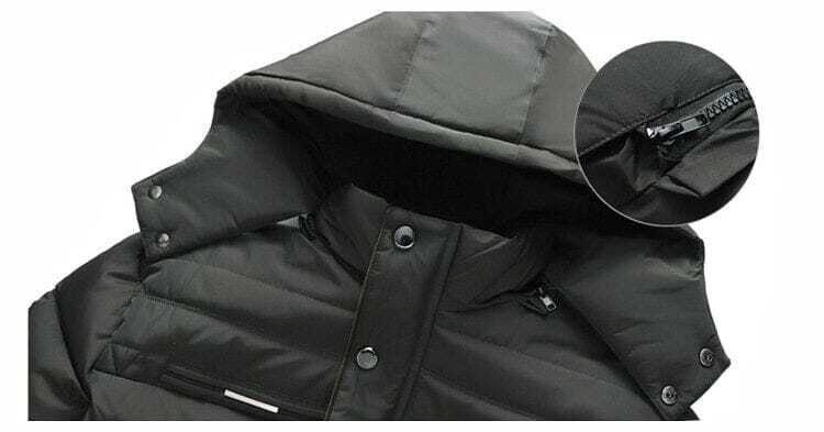 Jaqueta Masculina Inverno Warmcover Romenzi RZ025 com design sofisticado, tecido térmico, capuz removível e ajuste ergonômico para o inverno.