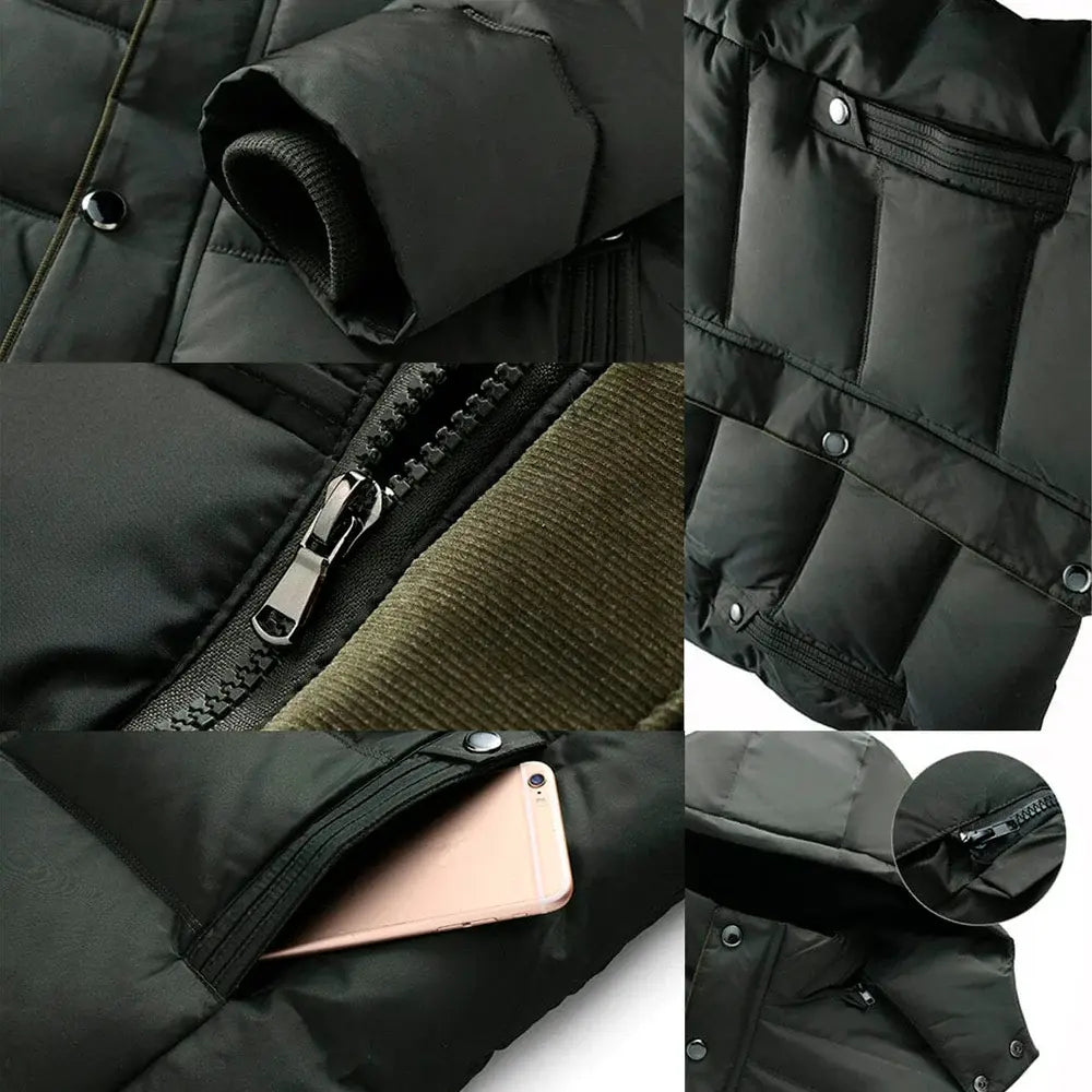 Jaqueta Masculina Inverno Warmcover Romenzi RZ025 com design sofisticado, tecido térmico, capuz removível e ajuste ergonômico para o inverno.