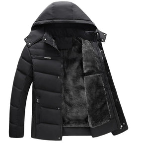 Jaqueta Masculina Inverno Warmcover Romenzi RZ025 com design sofisticado, tecido térmico, capuz removível e ajuste ergonômico para o inverno.