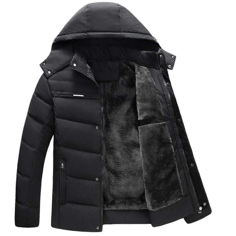 Jaqueta Masculina Inverno Warmcover Romenzi RZ025 com design sofisticado, tecido térmico, capuz removível e ajuste ergonômico para o inverno.
