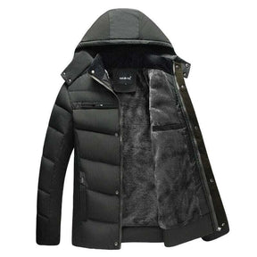 Jaqueta Masculina Inverno Warmcover Romenzi RZ025 com design sofisticado, tecido térmico, capuz removível e ajuste ergonômico para o inverno.