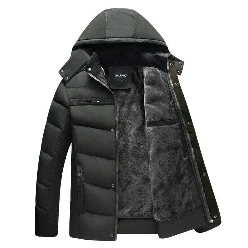 Jaqueta Masculina Inverno Warmcover Romenzi RZ025 com design sofisticado, tecido térmico, capuz removível e ajuste ergonômico para o inverno.
