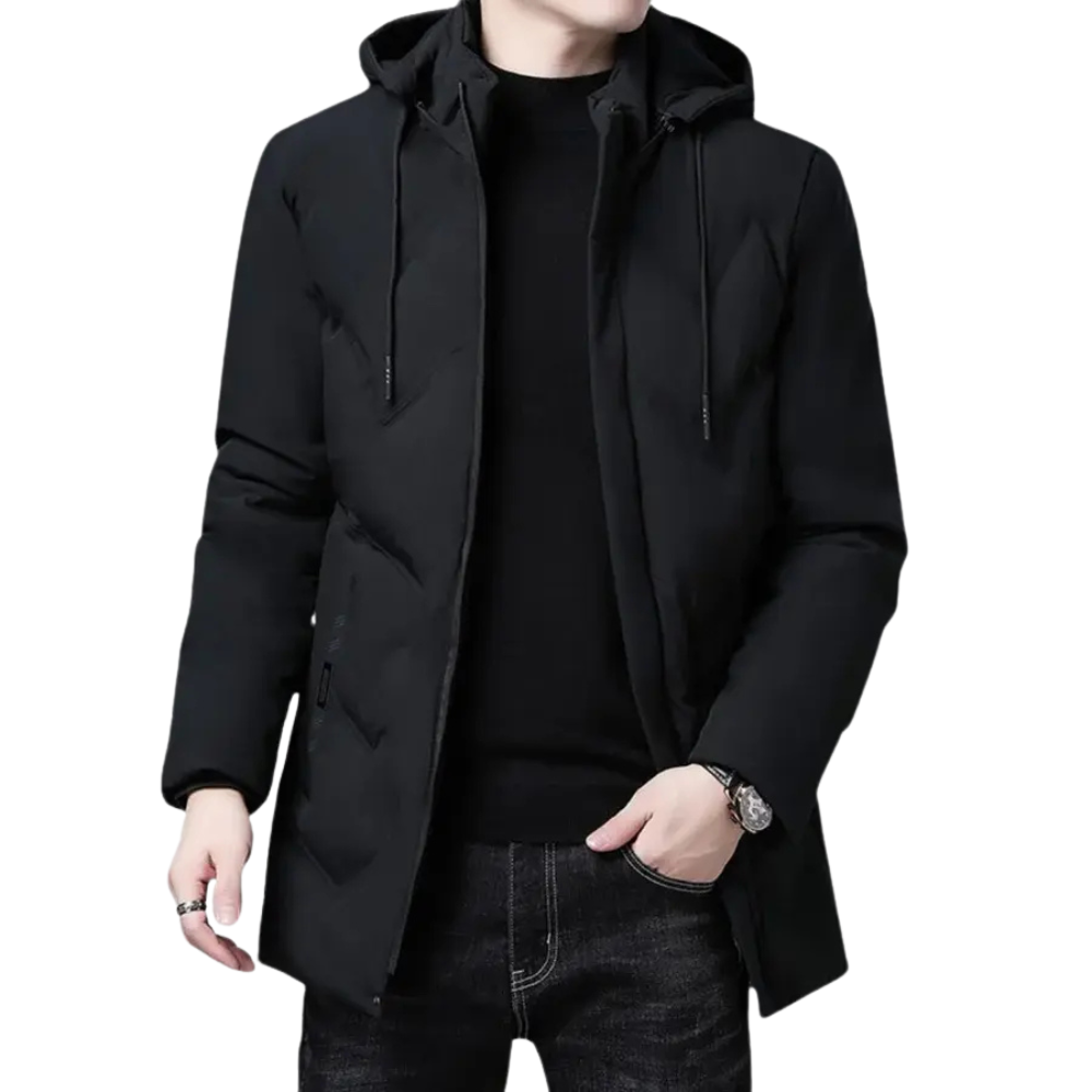 Jaqueta Masculina Longa com Capuz Romenzi RZ134 feita em tecido impermeável premium, com capuz removível e bolsos com zíper para estilo e funcionalidade.