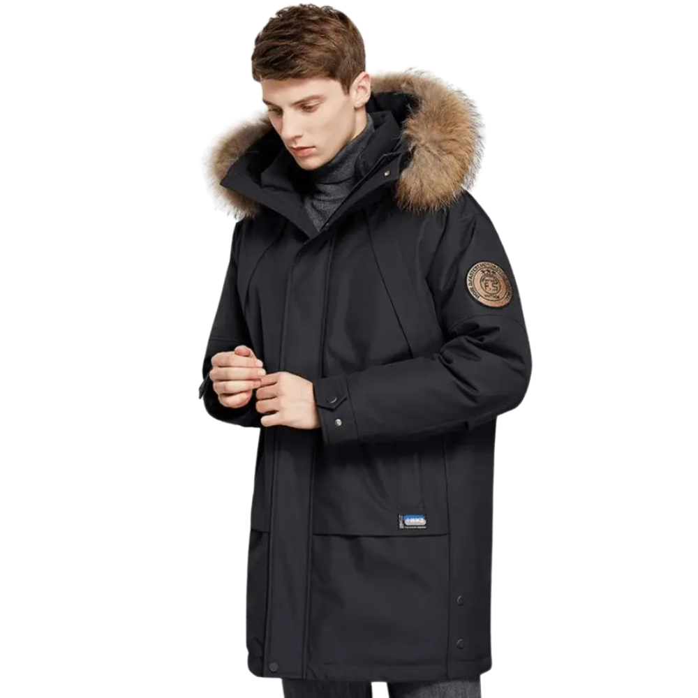 Jaqueta Masculina Longa Térmica Impermeável Romenzi RZ147 com capuz removível, tecido impermeável e design britânico, ideal para estilo e proteção no frio.