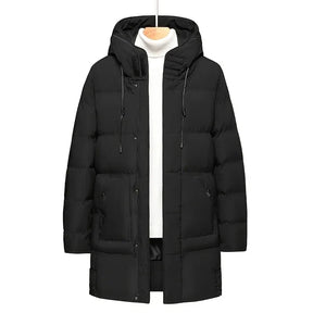 Jaqueta Puffer Longa Masculina Romenzi RZ135 com tecido premium, impermeável e detalhes refinados, perfeita para conforto e proteção contra o frio.