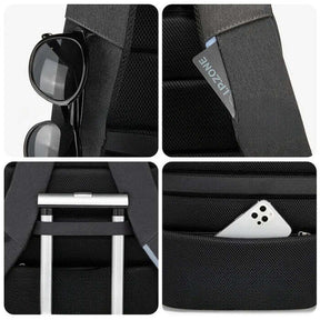 Mochila Executiva Romenzi RZ348 em tecido Oxford impermeável com porta USB e compartimento para notebook 17''. Ideal para negócios e deslocamentos.