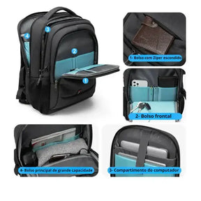 Mochila Executiva Romenzi RZ348 em tecido Oxford impermeável com porta USB e compartimento para notebook 17''. Ideal para negócios e deslocamentos.