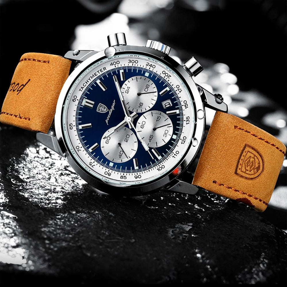 Relógio Masculino com Pulseira de Couro Romenzi RZ698, design sofisticado e versátil, mecanismo de quartzo preciso e resistência à água para o dia a dia.