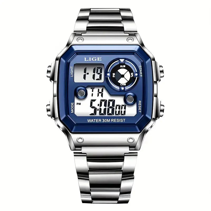 Relógio Masculino Digital Esportivo Lige Romenzi RZ536 com pulseira em aço inox, visor digital moderno, funções práticas e design elegante para todas ocasiões.