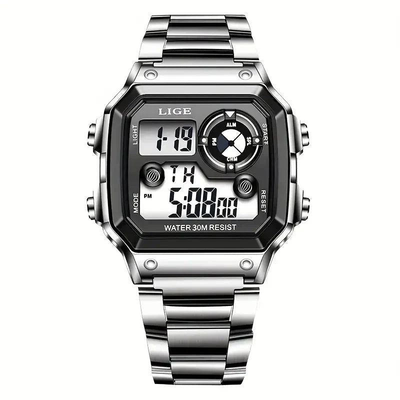 Relógio Masculino Digital Esportivo Lige Romenzi RZ536 com pulseira em aço inox, visor digital moderno, funções práticas e design elegante para todas ocasiões.