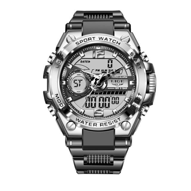 Relógio Masculino LIGE Sport Romenzi RZ529 com design esportivo moderno, pulseira em aço, cronógrafo funcional, iluminação noturna e resistência à água.