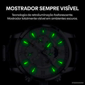 Relógio Masculino Romenzi Classy RZ707: pulseira de couro, design clássico, quartzo, vidro de safira, calendário, cronógrafo, display luminoso, 3ATM.