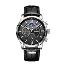 Relógio Masculino Romenzi Classy RZ707: pulseira de couro, design clássico, quartzo, vidro de safira, calendário, cronógrafo, display luminoso, 3ATM.