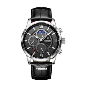 Relógio Masculino Romenzi Classy RZ707: pulseira de couro, design clássico, quartzo, vidro de safira, calendário, cronógrafo, display luminoso, 3ATM.