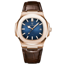 Relógio Masculino Romenzi Gold Noir RZ712: luxo moderno em ouro e noir, pulseira de couro, vidro de safira, resistente à água 30m, ajuste confortável.