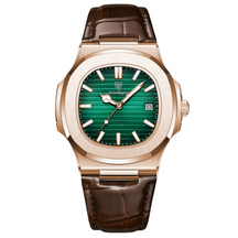 Relógio Masculino Romenzi Gold Noir RZ712: luxo moderno em ouro e noir, pulseira de couro, vidro de safira, resistente à água 30m, ajuste confortável.