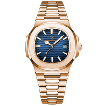 Relógio Golden Atlas: estilo marítimo refinado com pulseira de aço inox 904L banhada a ouro 18k, vidro de safira, 40mm, resistente à água até 30m, ajuste personalizado.