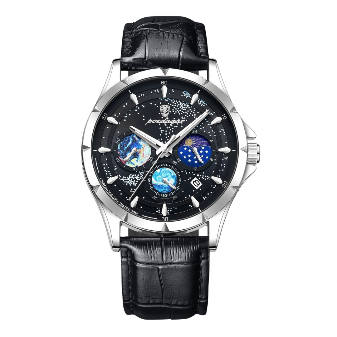 Relógio Masculino Romenzi Kosmos RZ715 com design inspirado nas estrelas, movimento de quartzo japonês e resistência à água, unindo sofisticação e precisão.