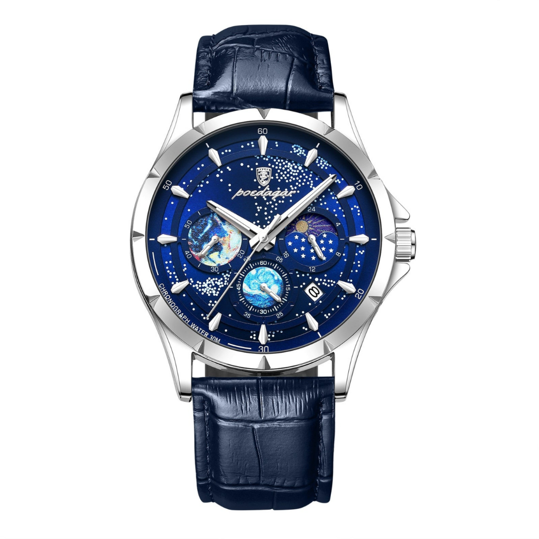Relógio Masculino Romenzi Kosmos RZ715 com design inspirado nas estrelas, movimento de quartzo japonês e resistência à água, unindo sofisticação e precisão.