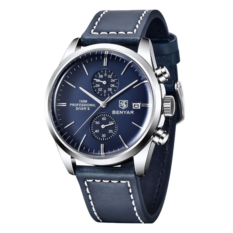 Relógio Masculino Romenzi Majestic RZ716 com pulseira em couro ajustável, vidro de safira, quartzo japonês e resistência à água até 30 metros.