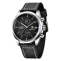 Relógio Masculino Romenzi Majestic RZ716 com pulseira em couro ajustável, vidro de safira, quartzo japonês e resistência à água até 30 metros.