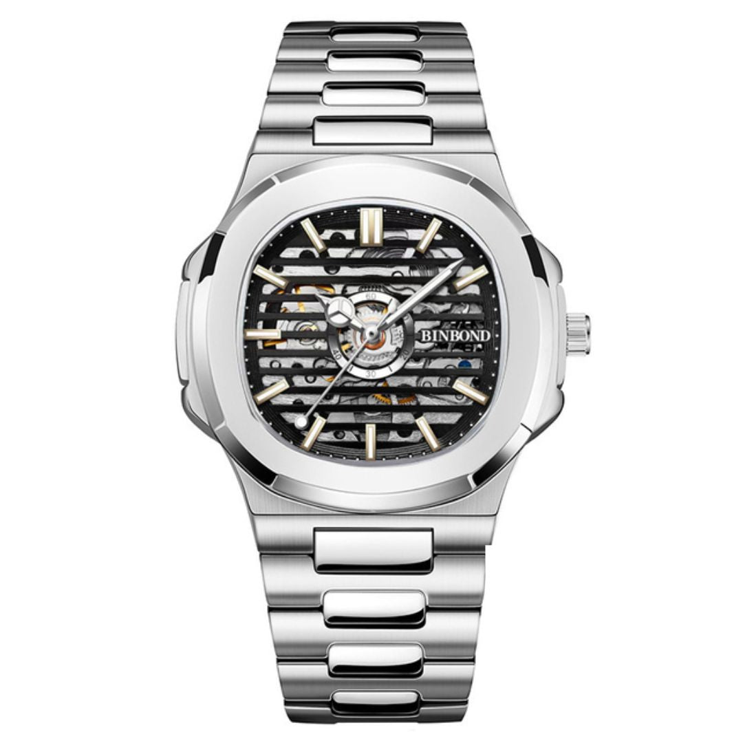 Relógio Masculino Romenzi Phantom RZ719 com pulseira em aço inoxidável 904L e mostrador em vidro de safira, unindo resistência, sofisticação e estilo único.