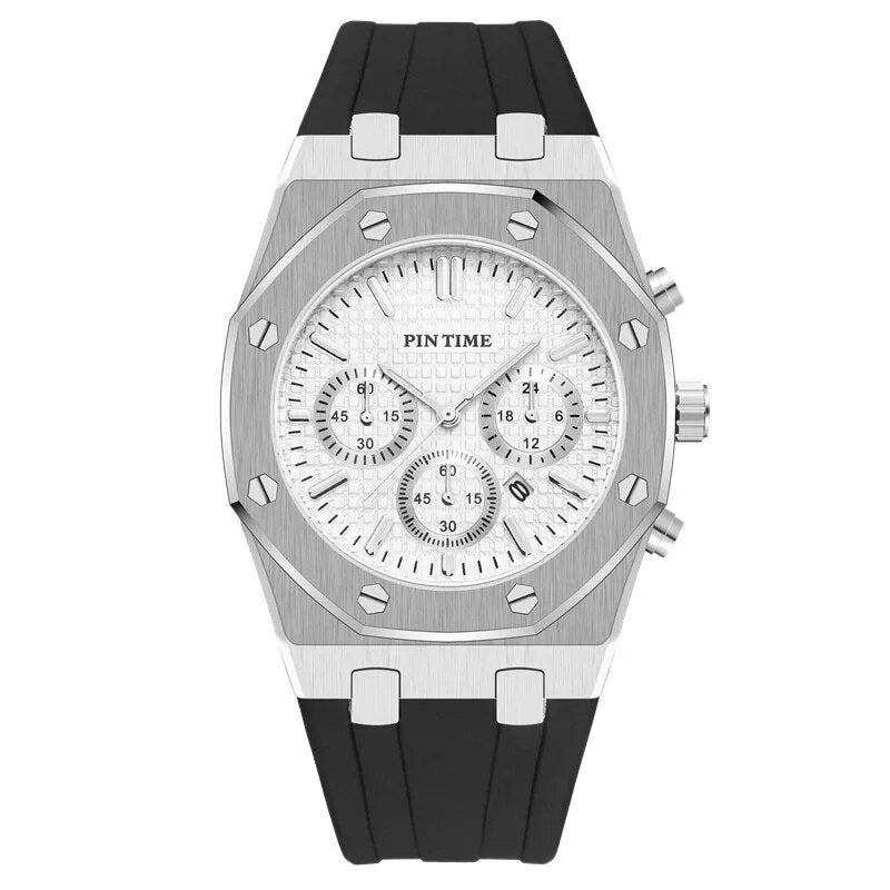 Relógio Masculino Romenzi Sober RZ723 com pulseira em látex e aço inox 904L, vidro de safira, mostrador de 40mm e resistência à água até 30 metros.