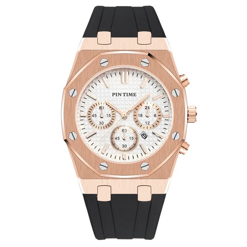 Relógio Masculino Romenzi Sober RZ723 com pulseira em látex e aço inox 904L, vidro de safira, mostrador de 40mm e resistência à água até 30 metros.