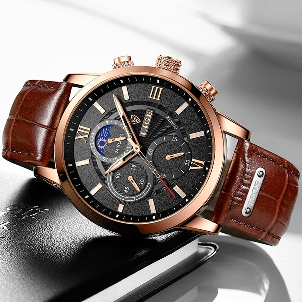 Relógio Masculino Romenzi Troyan RZ724 com pulseira em couro, movimento em quartzo e resistência à água, unindo sofisticação, estilo e funcionalidade.