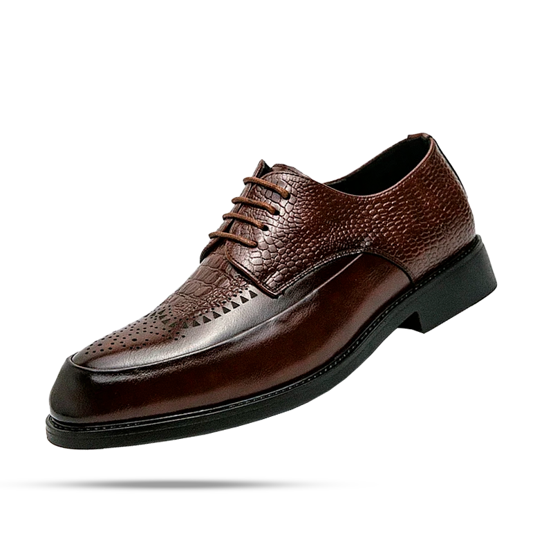Sapato Masculino Derby Romenzi RZ357 em couro em escamas com cadarço trançado e plataforma. Estilo refinado nas cores preto e marrom