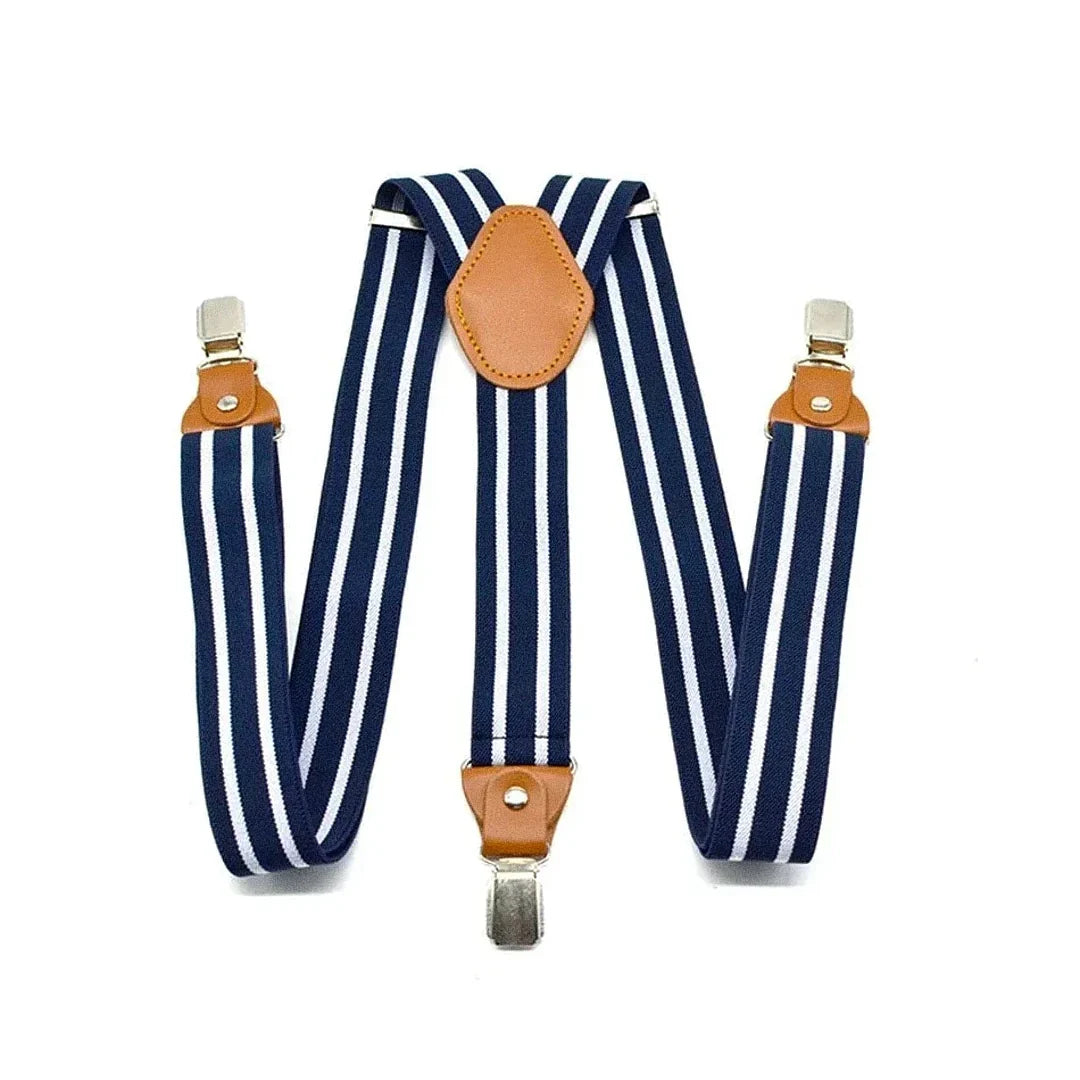 Suspensório Masculino Listrado Romenzi RZ771 em detalhe, acessório sofisticado em poliéster e couro que garante durabilidade, conforto e estilo ao visual.