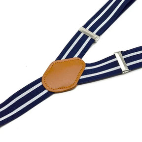 Suspensório Masculino Listrado Romenzi RZ771 em detalhe, acessório sofisticado em poliéster e couro que garante durabilidade, conforto e estilo ao visual.