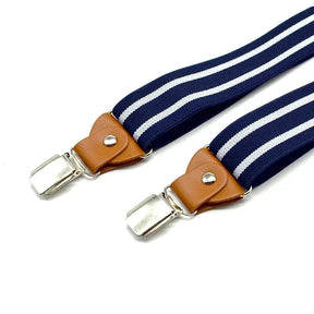 Suspensório Masculino Listrado Romenzi RZ771 em detalhe, acessório sofisticado em poliéster e couro que garante durabilidade, conforto e estilo ao visual.