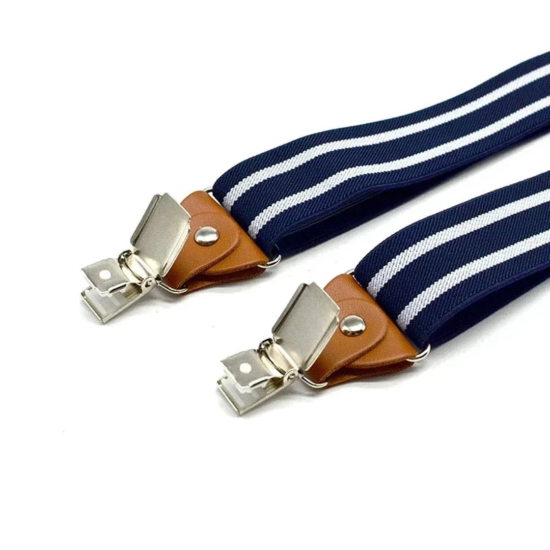 Suspensório Masculino Listrado Romenzi RZ771 em detalhe, acessório sofisticado em poliéster e couro que garante durabilidade, conforto e estilo ao visual.