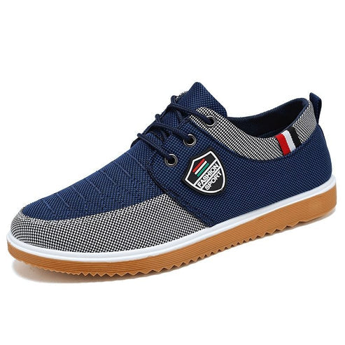 Tênis Masculino Romenzi RZ380 azul e caramelo, com ventilação, palmilha em E.V.A e sola de borracha antiderrapante para estilo urbano e conforto diário