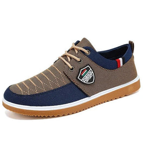 Tênis Masculino Romenzi RZ380 azul e caramelo, com ventilação, palmilha em E.V.A e sola de borracha antiderrapante para estilo urbano e conforto diário